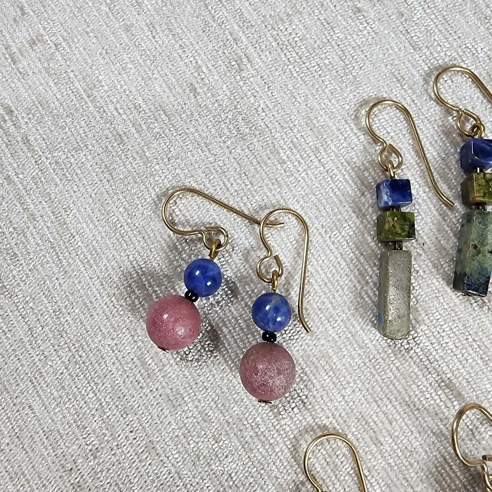 Earthy Natural Stone Dangle Earrings Gold Plate Hooks Garnet Tourmaline Lot of 5